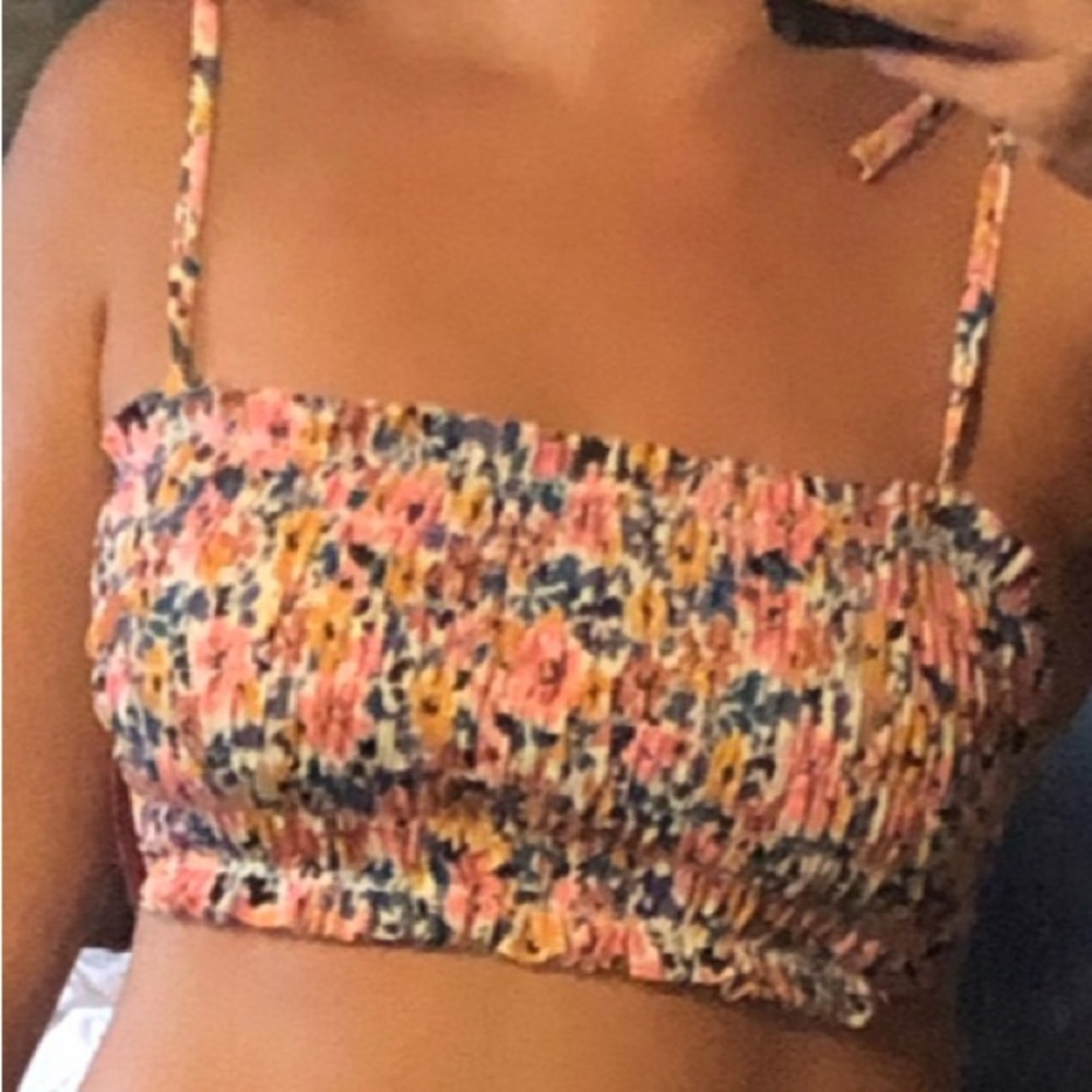 Pink, blue and yellow flower bikini tube top with Pink Zara bikini bottoms